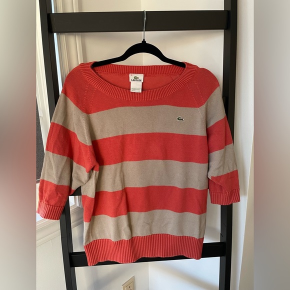 Lacoste 3/4 sleeve knit sweater orange and beige colour block - Picture 1 of 5